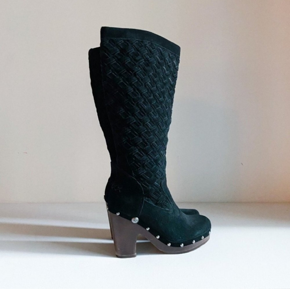 UGG Black Suede Arroyo Weave Braided Detail Knee High Clog Style Boots